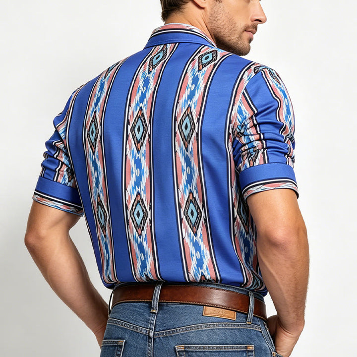 Herrenmode Western Ethno Blau gestreiftes Langarmhemd mit Knopfleiste - image 2