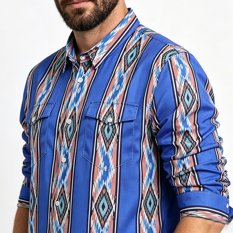 Herrenmode Western Ethno Blau gestreiftes Langarmhemd mit Knopfleiste - image 3