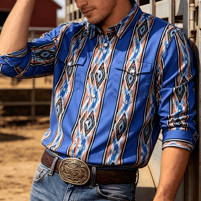 Herrenmode Western Ethno Blau gestreiftes Langarmhemd mit Knopfleiste - image 0