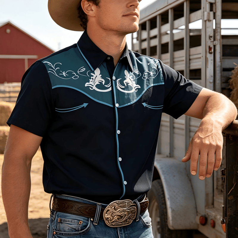 Herren-Kurzarmhemd im Western-Stil mit Print und Knopfleiste - Lake Blue - 5XL - image 0