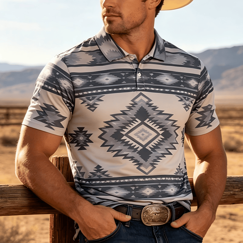 Kurzarm-Freizeit-Poloshirt mit geometrischem Muster für Herren - Hellgrau - 5XL - image 5