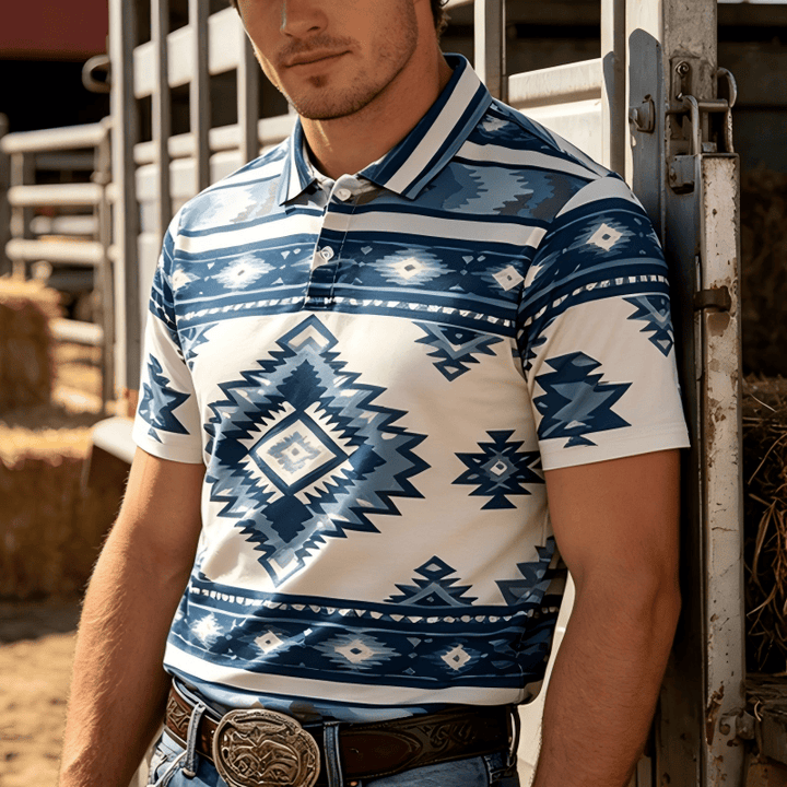 Kurzarm-Freizeit-Poloshirt mit geometrischem Muster für Herren - Blau - 5XL - image 6