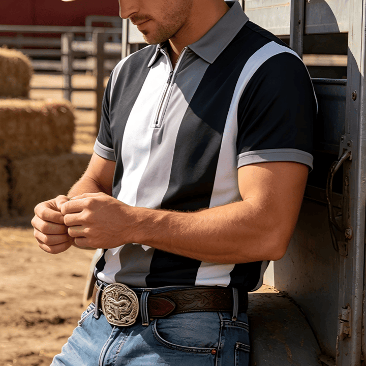 Herren-Polohemd im Vintage-Stil mit vertikalen Streifen und kurzen Ärmeln - Schwarz - 5XL - image 6