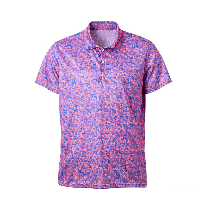 Herren-Polohemd mit rosa-blauem Blumenmuster und kurzen Ärmeln - image 9