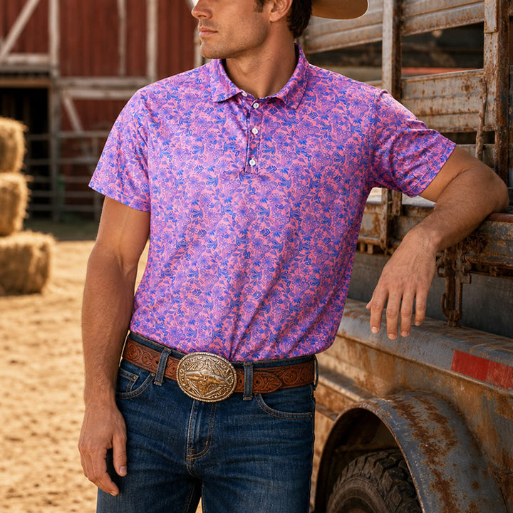 Herren-Polohemd mit rosa-blauem Blumenmuster und kurzen Ärmeln - Rosa - 5XL - image 0