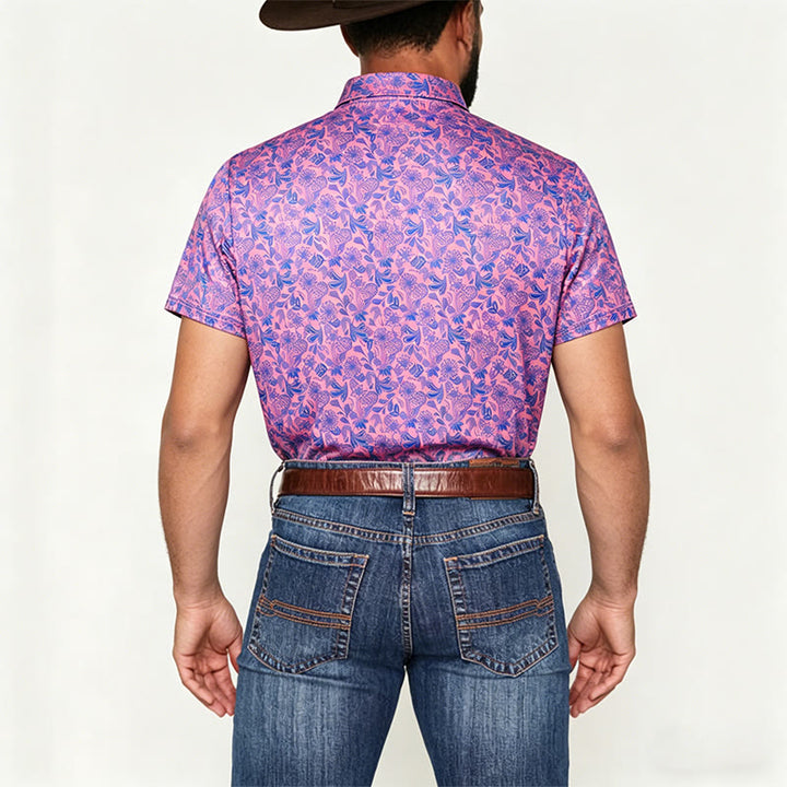 Herren-Polohemd mit rosa-blauem Blumenmuster und kurzen Ärmeln - image 2