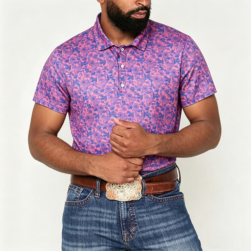 Herren-Polohemd mit rosa-blauem Blumenmuster und kurzen Ärmeln - image 1