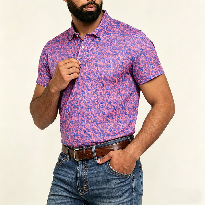 Herren-Polohemd mit rosa-blauem Blumenmuster und kurzen Ärmeln - image 3