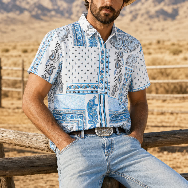 Herrenhemd im Vintage-Stil, blau-weiß, Patchwork-Paisley-Muster - Blau & Weiß - 5XL - image 0