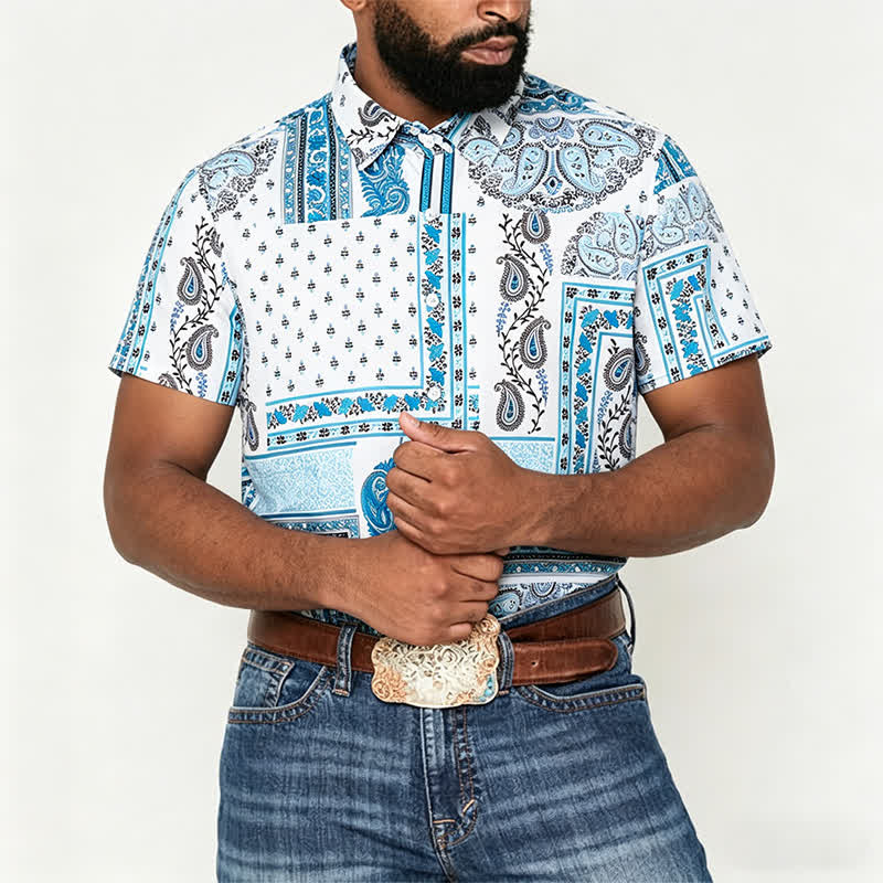 Herrenhemd im Vintage-Stil, blau-weiß, Patchwork-Paisley-Muster - image 1