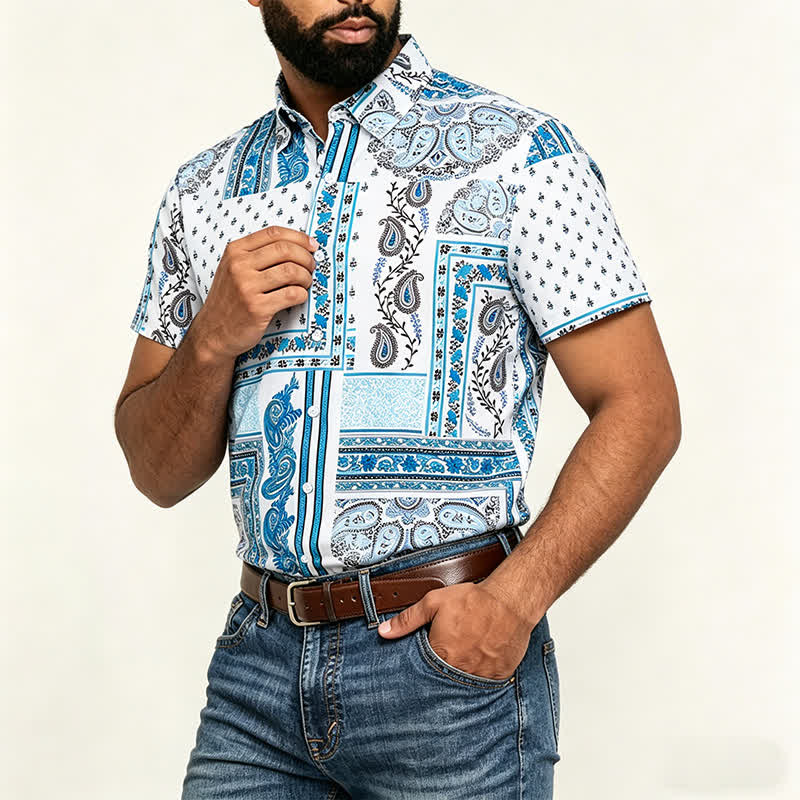Herrenhemd im Vintage-Stil, blau-weiß, Patchwork-Paisley-Muster - image 3