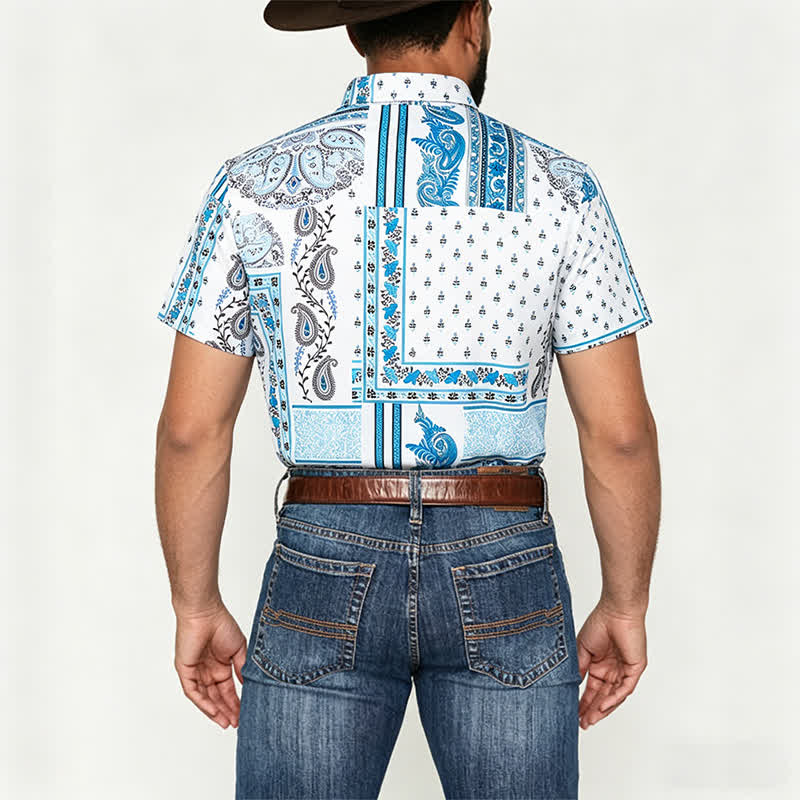 Herrenhemd im Vintage-Stil, blau-weiß, Patchwork-Paisley-Muster - image 2