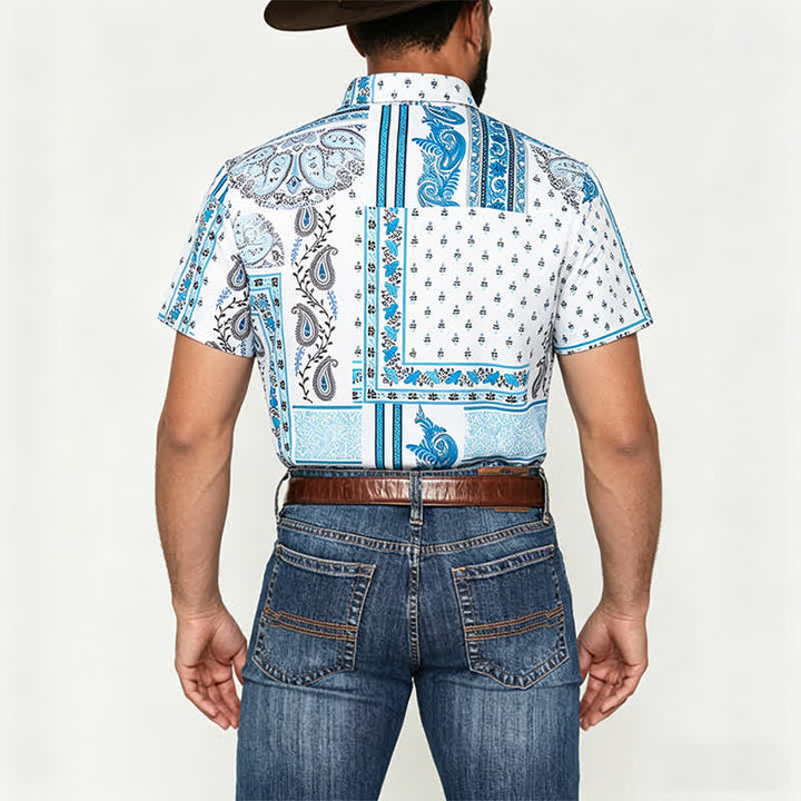 Herrenhemd im Vintage-Stil, blau-weiß, Patchwork-Paisley-Muster - image 2