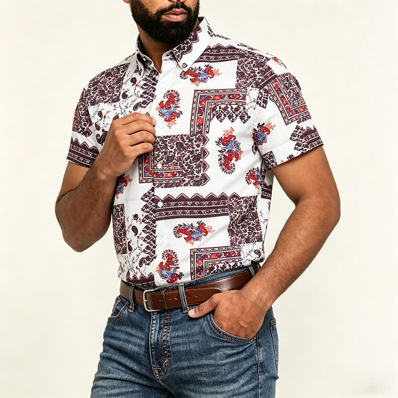 Herrenhemd mit dunkelbraunem und weißem Paisley-Muster und Tribal-Bordüre - image 3