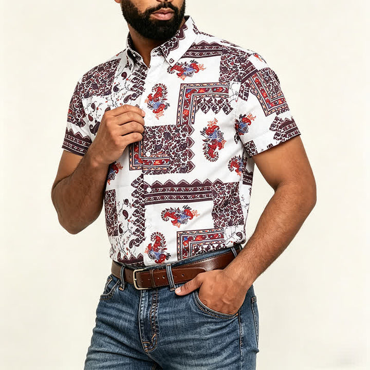 Herrenhemd mit dunkelbraunem und weißem Paisley-Muster und Tribal-Bordüre - image 3
