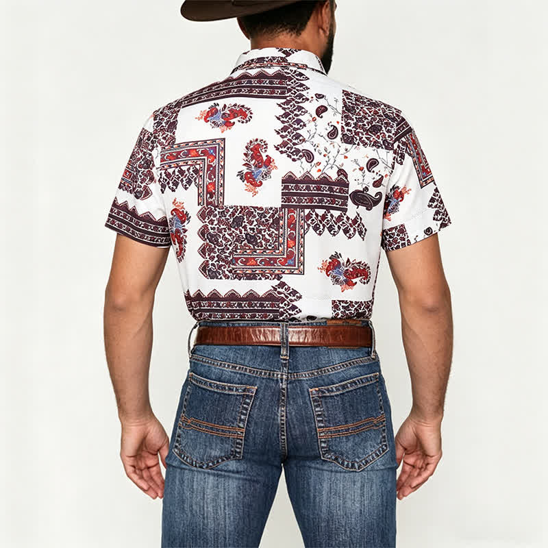Herrenhemd mit dunkelbraunem und weißem Paisley-Muster und Tribal-Bordüre - image 2