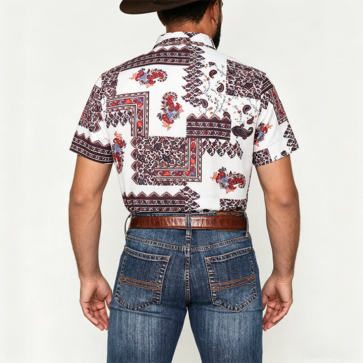Herrenhemd mit dunkelbraunem und weißem Paisley-Muster und Tribal-Bordüre - image 2
