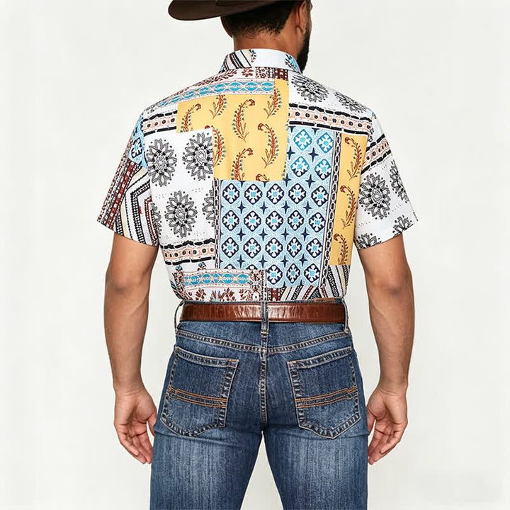 Herrenhemd im Retro-Stil mit Azteken- und Blumen-Patchworkmuster und Paisley-Print - image 2