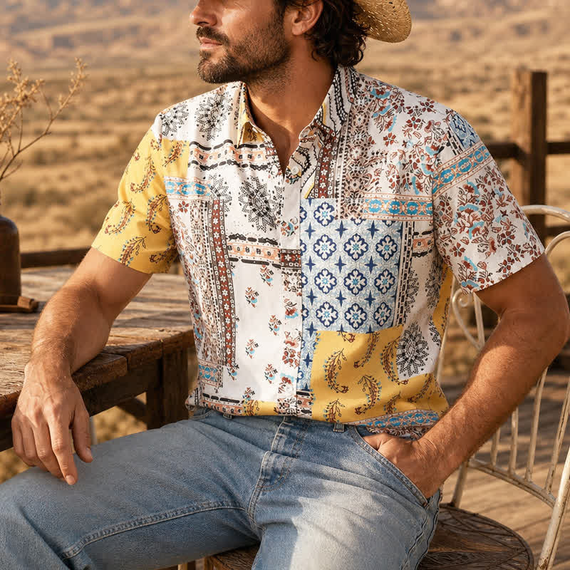 Herrenhemd im Retro-Stil mit Azteken- und Blumen-Patchworkmuster und Paisley-Print - Gelb & Weiß - 2XL - image 0