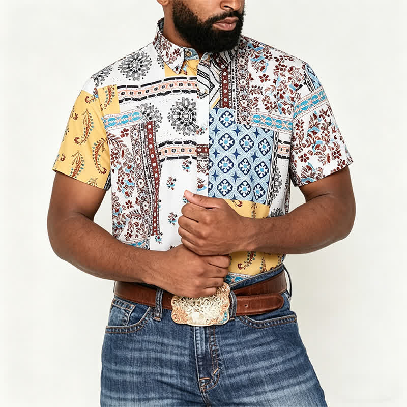 Herrenhemd im Retro-Stil mit Azteken- und Blumen-Patchworkmuster und Paisley-Print - image 1