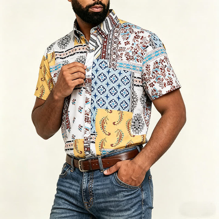 Herrenhemd im Retro-Stil mit Azteken- und Blumen-Patchworkmuster und Paisley-Print - image 3