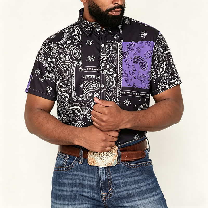 Herren-Streetwear-Hemd mit schwarzem und lila Paisley-Muster - image 1