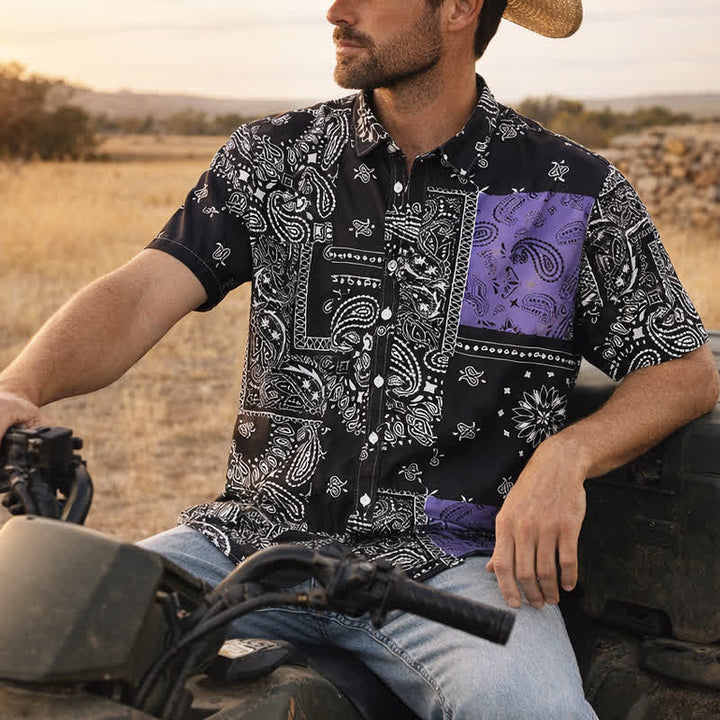 Herren-Streetwear-Hemd mit schwarzem und lila Paisley-Muster - Schwarz & Lila - 2XL - image 0