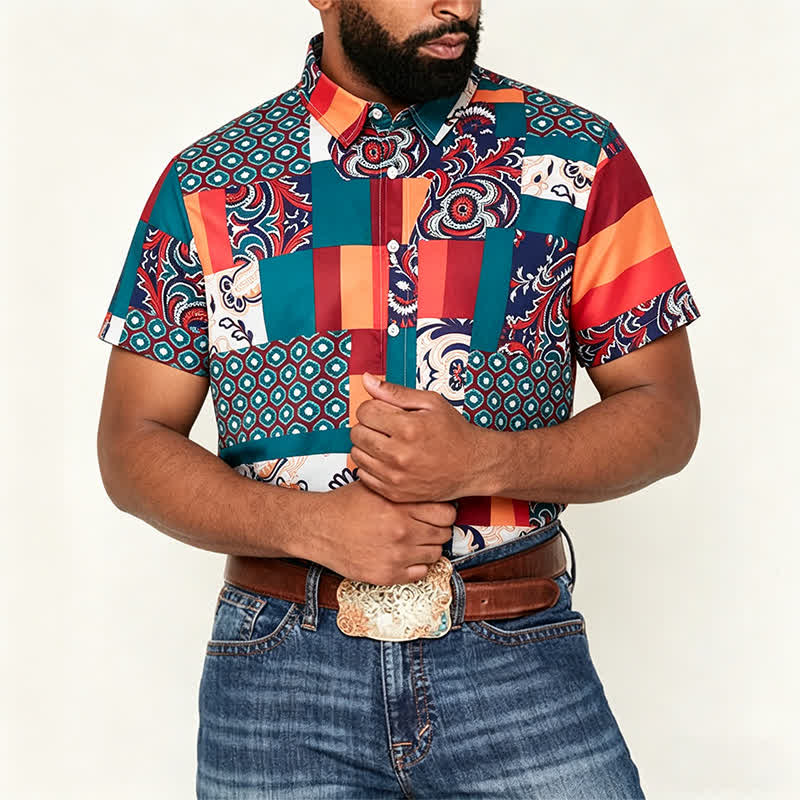 Herrenhemd im Boho-Stil mit Patchwork-Paisley-Muster, grün und orange - image 1