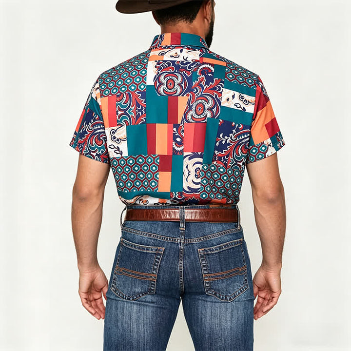 Herrenhemd im Boho-Stil mit Patchwork-Paisley-Muster, grün und orange - image 2
