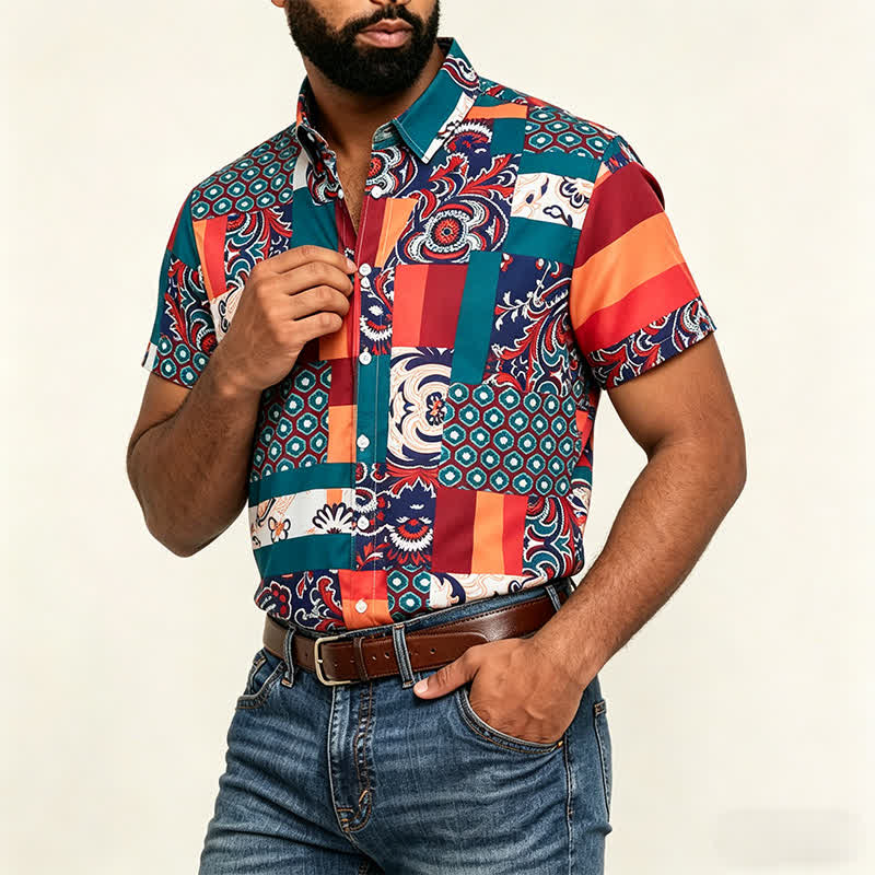 Herrenhemd im Boho-Stil mit Patchwork-Paisley-Muster, grün und orange - image 3