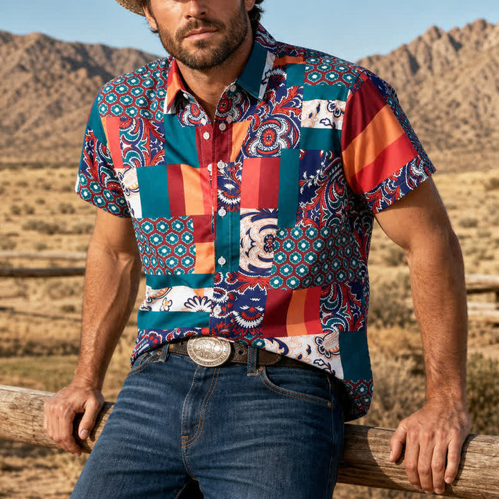 Herrenhemd im Boho-Stil mit Patchwork-Paisley-Muster, grün und orange - Grün & Orange - 4XL - image 0