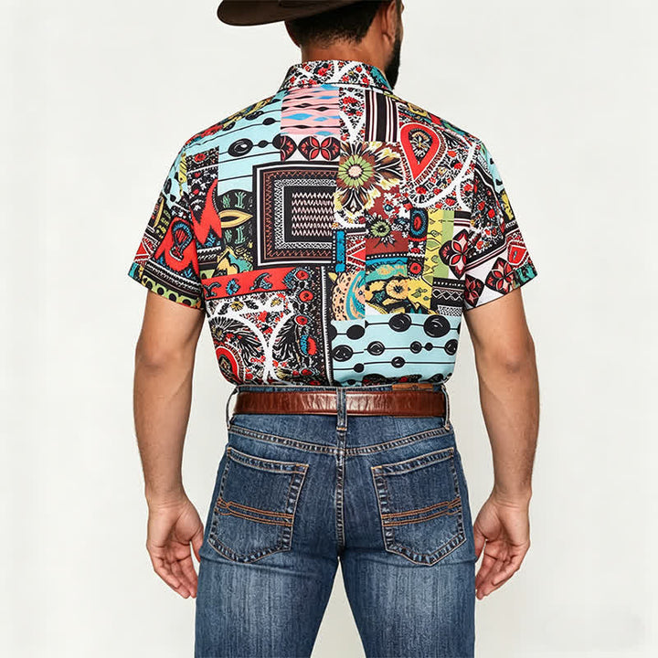 Herrenhemd im Retro-Ethno-Stil mit mehrfarbigem geometrischem Paisley-Blockdruck - image 2