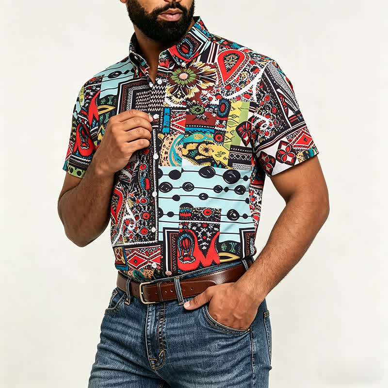 Herrenhemd im Retro-Ethno-Stil mit mehrfarbigem geometrischem Paisley-Blockdruck - image 3
