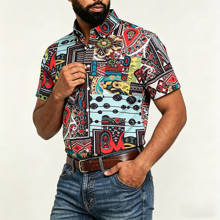 Herrenhemd im Retro-Ethno-Stil mit mehrfarbigem geometrischem Paisley-Blockdruck - image 3