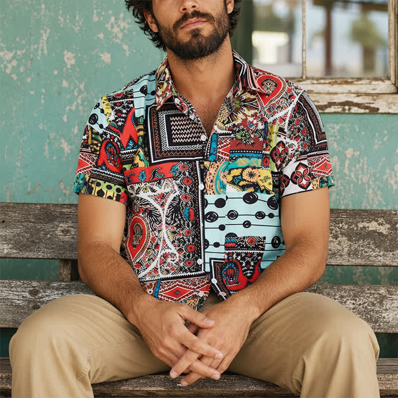 Herrenhemd im Retro-Ethno-Stil mit mehrfarbigem geometrischem Paisley-Blockdruck - Mehrfarbig - 4XL - image 0
