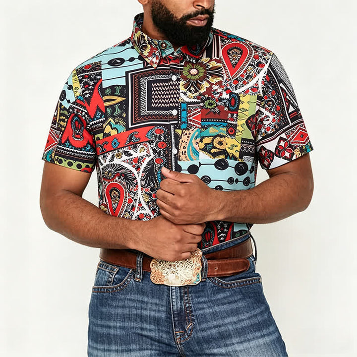 Herrenhemd im Retro-Ethno-Stil mit mehrfarbigem geometrischem Paisley-Blockdruck - image 1