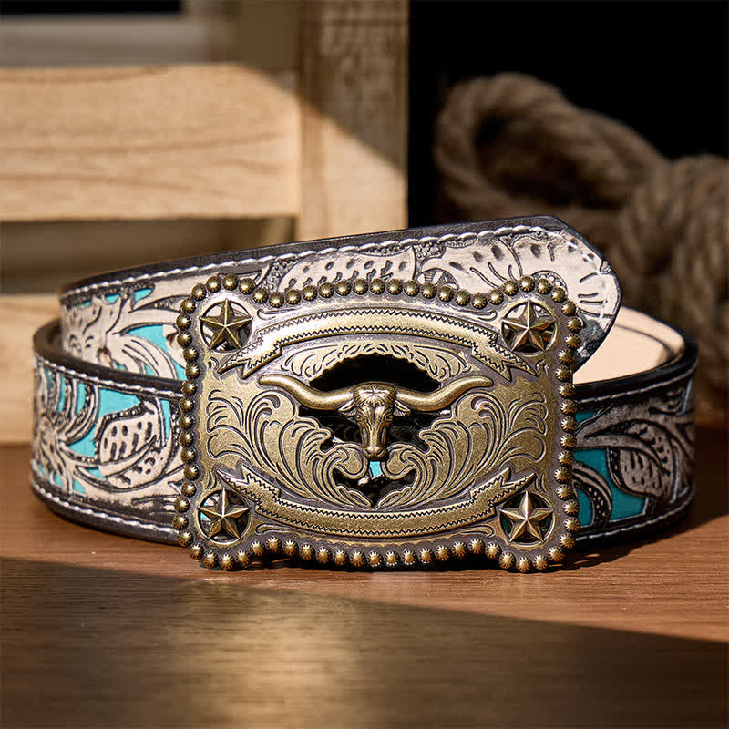 Herren-Ledergürtel mit Texas Longhorn-Stern, ausgehöhlter DIY-Schnalle - Bronze - Grauer Gürtel mit Blumenmuster - 42 - image 7