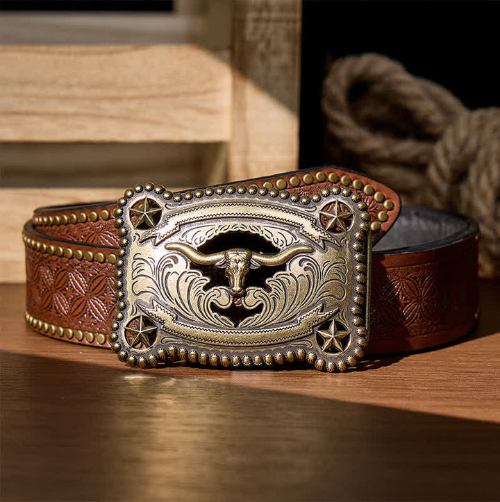 Herren-Ledergürtel mit Texas Longhorn-Stern, ausgehöhlter DIY-Schnalle - Bronze - Brauner Nietgürtel - 42 - image 4