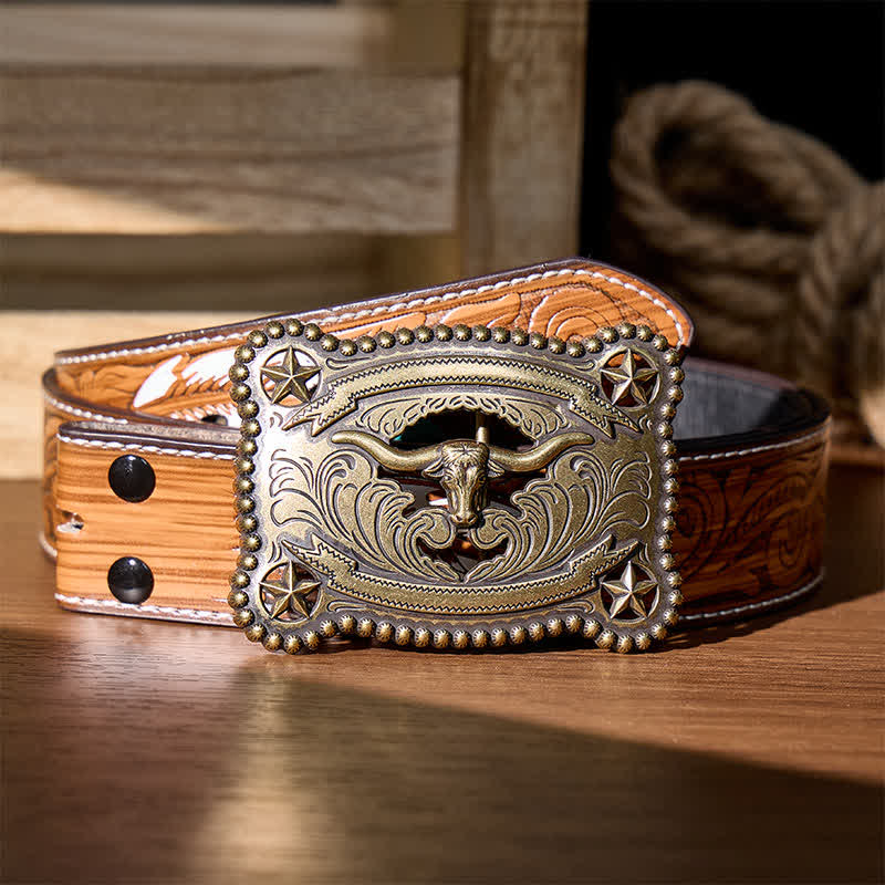 Herren-Ledergürtel mit Texas Longhorn-Stern, ausgehöhlter DIY-Schnalle - Bronze - Brauner Federgürtel - 40 - image 6