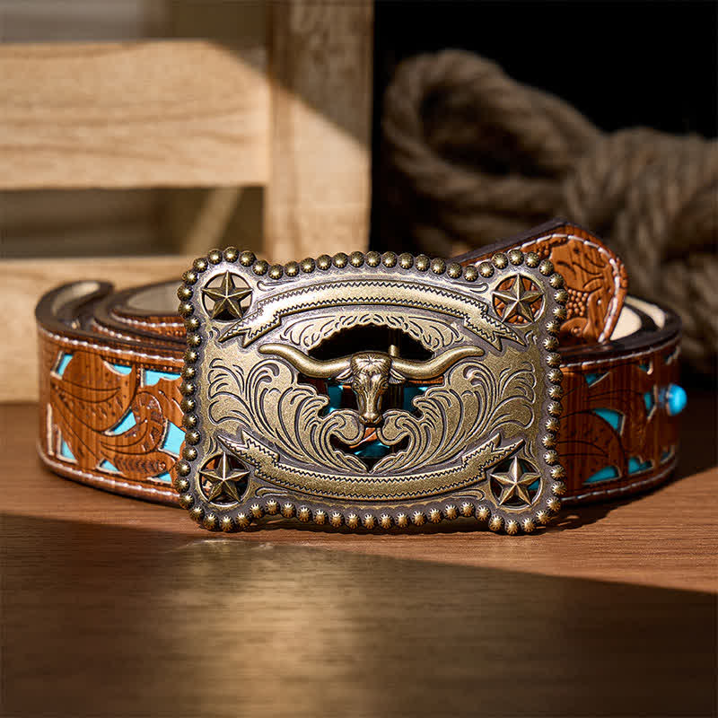 Herren-Ledergürtel mit Texas Longhorn-Stern, ausgehöhlter DIY-Schnalle - Bronze - Türkisfarbener, geschnitzter Gürtel - 42 - image 3