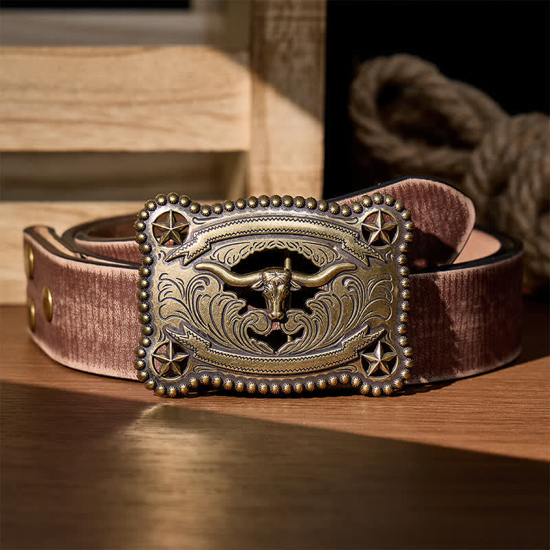 Herren-Ledergürtel mit Texas Longhorn-Stern, ausgehöhlter DIY-Schnalle - Bronze - Brauner, abgenutzter Gürtel - 42 - image 5
