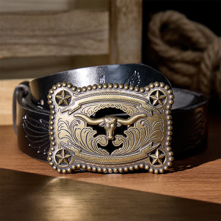 Herren-Ledergürtel mit Texas Longhorn-Stern, ausgehöhlter DIY-Schnalle - Bronze - Schwarzer Gürtel mit Adlerprägung - 42 - image 2