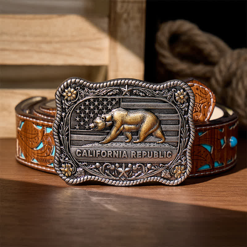 California Republic Bear Western DIY Schnalle Ledergürtel - Silber - Türkisfarbener, geschnitzter Gürtel - 42 - image 3