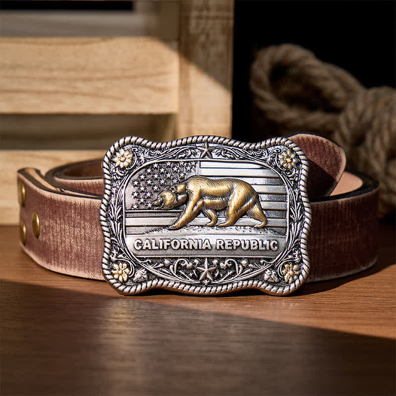 California Republic Bear Western DIY Schnalle Ledergürtel - Silber - Brauner, abgenutzter Gürtel - 42 - image 5
