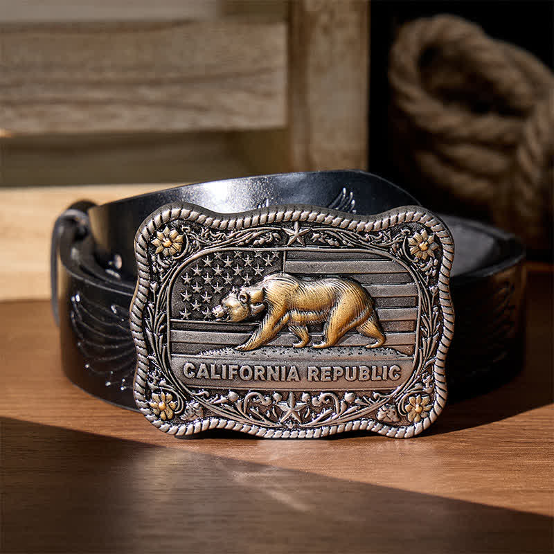 California Republic Bear Western DIY Schnalle Ledergürtel - Silber - Schwarzer Gürtel mit Adlerprägung - 42 - image 2