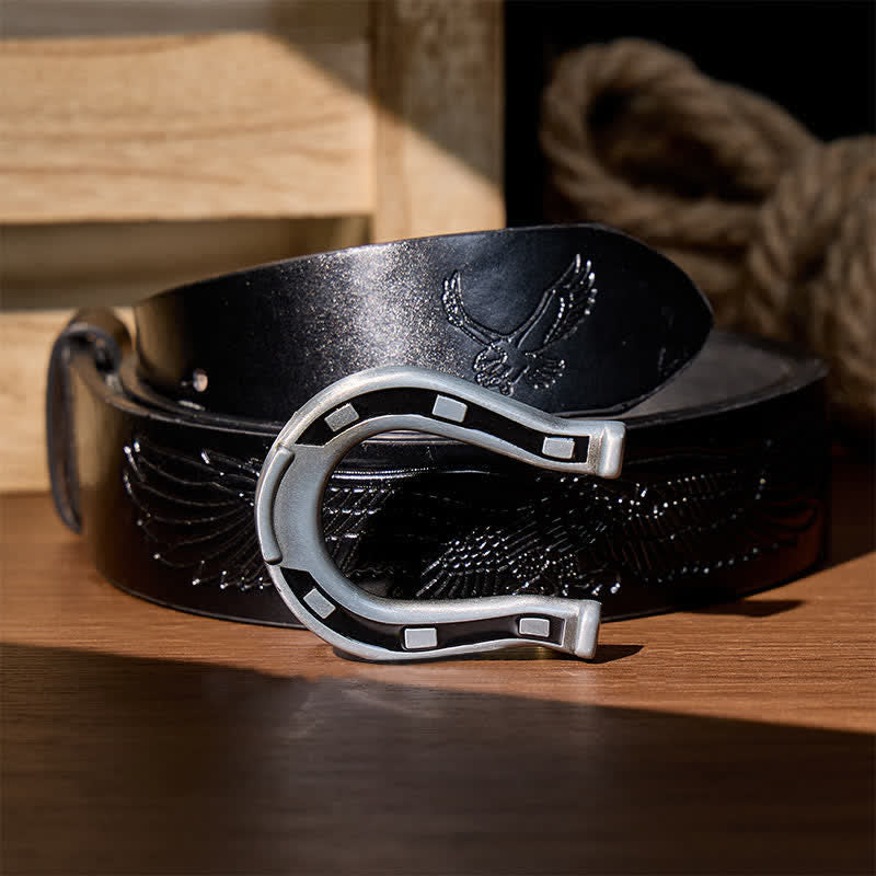 Western-Glücksgürtel aus Leder mit hufeisenförmiger Schnalle zum Selbermachen - Silber - Schwarzer Gürtel mit Adlerprägung - 42 - image 9