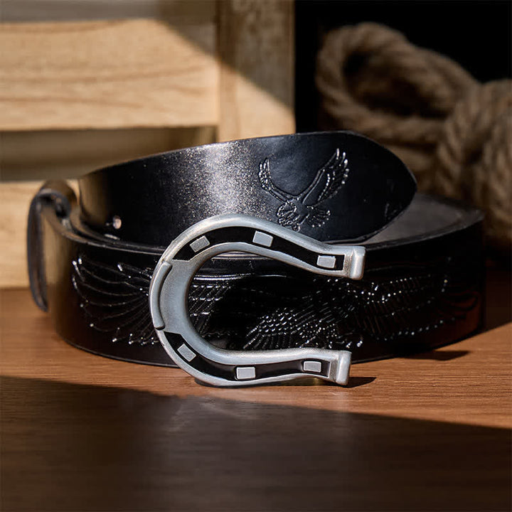 Western-Glücksgürtel aus Leder mit hufeisenförmiger Schnalle zum Selbermachen - Silber - Schwarzer Gürtel mit Adlerprägung - 42 - image 9
