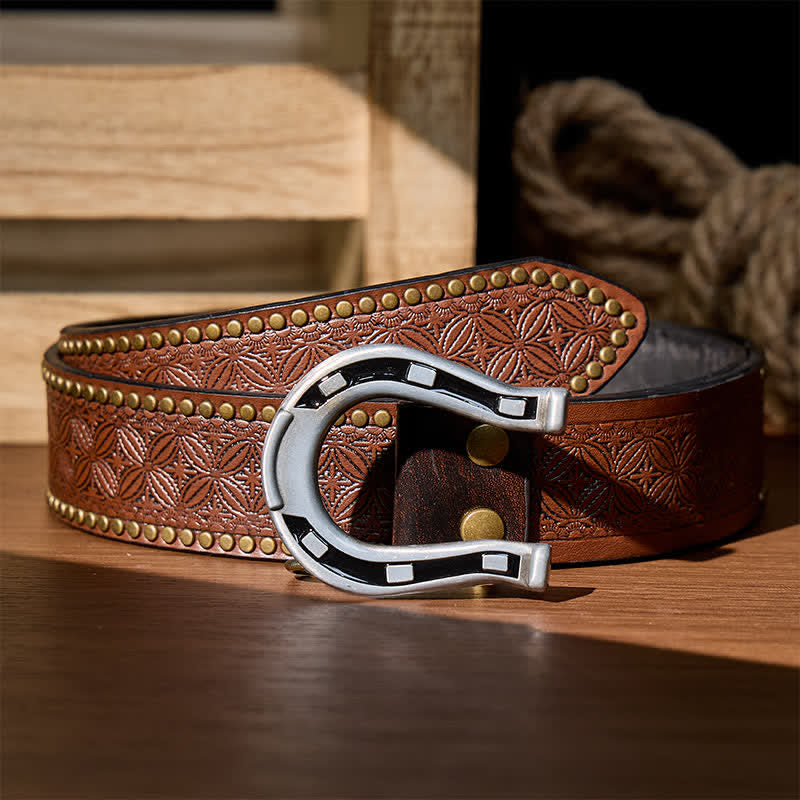 Western-Glücksgürtel aus Leder mit hufeisenförmiger Schnalle zum Selbermachen - Silber - Brauner Nietgürtel - 42 - image 11