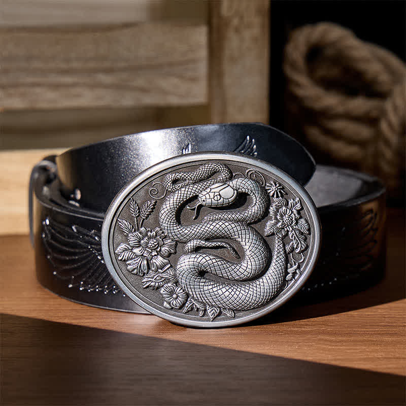 Dunkler ästhetischer Ledergürtel mit floraler Schlangenmotiv-DIY-Schnalle - Silber - Schwarzer Gürtel mit Adlerprägung - 42 - image 1
