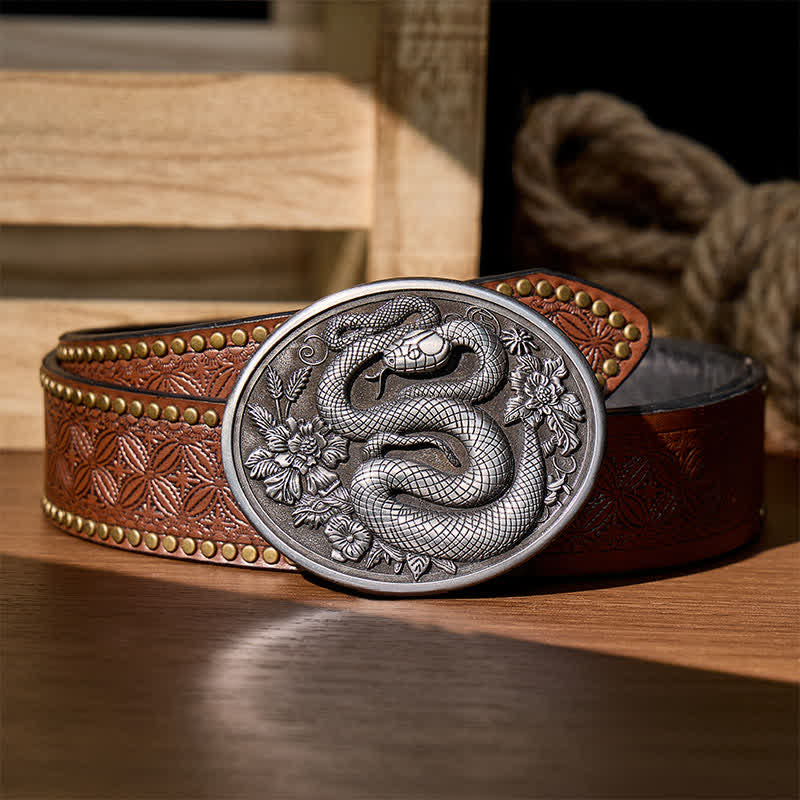 Dunkler ästhetischer Ledergürtel mit floraler Schlangenmotiv-DIY-Schnalle - Silber - Brauner Nietgürtel - 42 - image 3